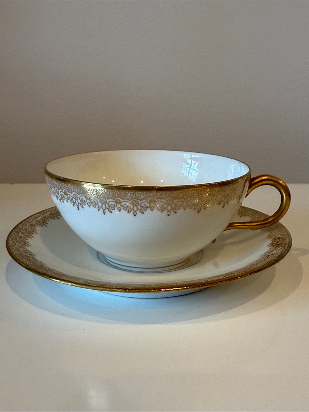 Antique Jean Pouyat Limoges Teacup & Saucer Set - Gold Encrusted Filigree Lace